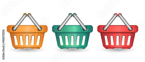 Set of three plastic grocery baskets - yellow, green and red. Cartoon realistic 3d empty shopping carts with handle isolated on white background. Vector colorful shopping bags EPS 10. 
