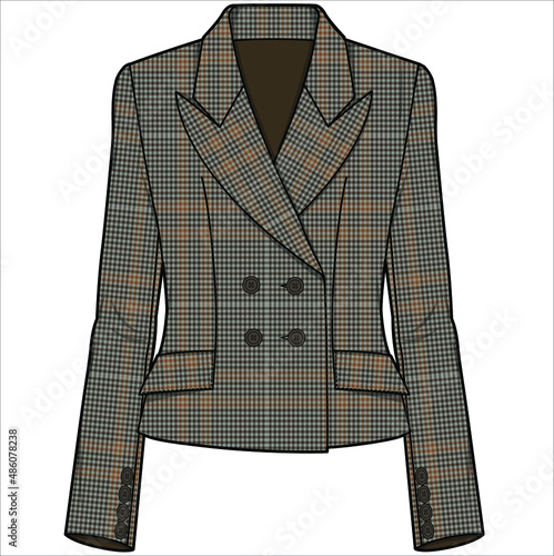 SLIM FIT WIDE NOTCH COLLAR DOULE BREASTED BROWN CHECK BLAZER FOR WOMEN CORPORATE WEAR IN EDITABLE VECTOR FILE