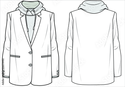 RELAX FIT NOTCH COLLAR LONG LINE HOODED BLAZER FOR WOMEN CORPORATE WEAR IN EDITABLE VECTOR FILE