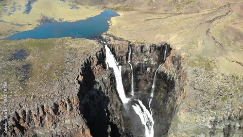 Aerial view of a waterfall on Putorana plateau