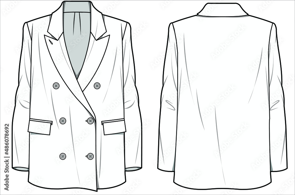 RELAX FIT NOTCH COLLAR LONG LINE DOUBLE BREASTED BLAZER FOR WOMEN CORPORATE WEAR IN EDITABLE VECTOR FILE RELAX FIT NOTCH COLLAR LONG LINE DOUBLE BREASTED BLAZER FOR WOMEN CORPORATE WEAR IN EDITABLE VECTOR FILE