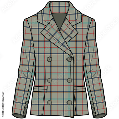 SLIM FIT WIDE NOTCH COLLAR  DOUBLE BREASTED HERITAGE CHECK BLAZER FOR WOMEN CORPORATE WEAR IN EDITABLE VECTOR FILE