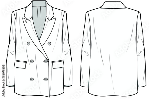 RELAX FIT NOTCH COLLAR LONG LINE DOUBLE BREASTED BLAZER FOR WOMEN CORPORATE WEAR IN EDITABLE VECTOR FILE photo