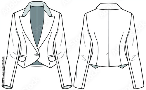 CROPPED TUXEDO WITH CONTRAST NOTCH COLLAR BLAZER FOR WOMEN CORPORATE WEAR IN EDITABLE VECTOR FILE