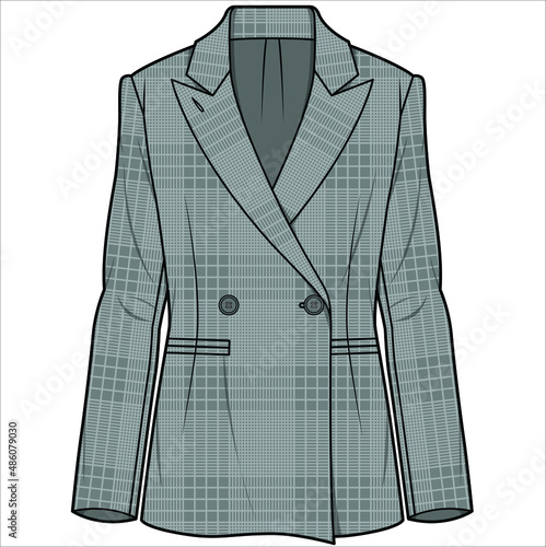 SLIM FIT NOTCH COLLAR DOULE BREASTED HERITAGE CHECK BLAZER FOR WOMEN CORPORATE WEAR IN EDITORIAL VECTOR FILE