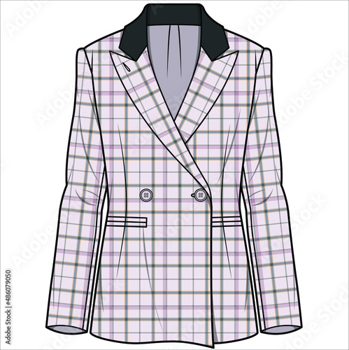 SLIM FIT CONTRAST NOTCH COLLAR DOULE BREASTED CHECK BLAZER FOR WOMEN CORPORATE WEAR IN EDITORIAL VECTOR FILE