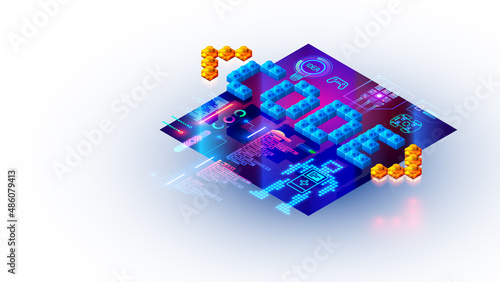 Coding or creating code of program for children. Online training for kids about programming, coding computer game and sciences skills. Computer technology internet school. Conceptual Banner on white.