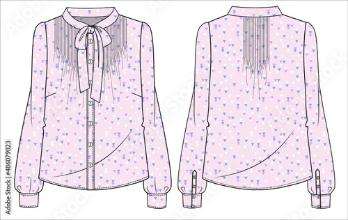 Pink printed long sleeves front pussy bow tie up with pintucks on front and back top for women ideal for office wear in editable vector file