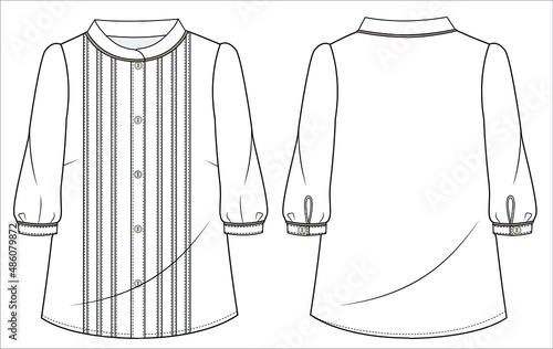 Pintucks front open woven top with three fourth sleeves for women office wear in editable vector file