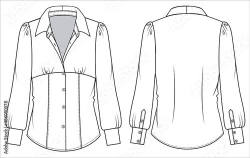 Long puff sleeves woven top with gathers at empire line for women office wear in editable vector file