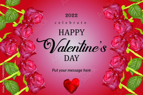 Happy Valentine's day red rose and background with watercolor Free Vector