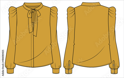 Pussy bow tie up with leg O mutton sleeves woven top for women office wear in editable vector file