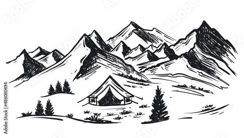 Camping in nature, Mountain landscape, sketch style, vector illustrations.