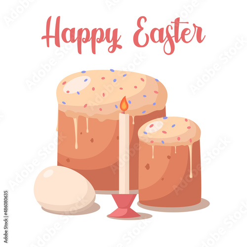 Easter orthodox bakery cakes with candles and easter colored eggs. Happy Easter poster or greeting card. Flat vector illustration
