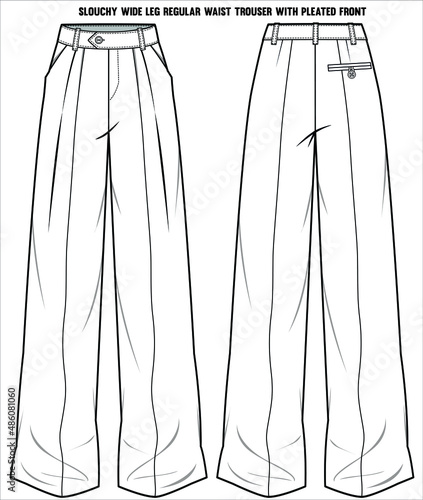 WIDE LEG SLOUCHY FIT BOTTOM WITH PLEATED FRONT AND REGULAR WAIST FOR WOMEN CORPORATE WEAR IN EDITABLE VECTOR FILE