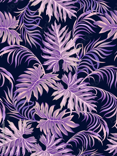   Blue tropical palm leaves seamless vector pattern on the black background. Trendy summer print.  