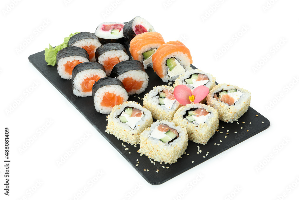 Slate board with sushi set isolated on white background Slate board with sushi set isolated on white background