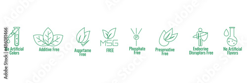 No artificial colors, additives, aspartame free, msg , phosphate-free, preservative-free, endocrine disruptors free, no artificial flavors icon set vector illustration  