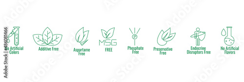 No artificial colors, additives, aspartame free, msg , phosphate-free, preservative-free, endocrine disruptors free, no artificial flavors icon set vector illustration   photo