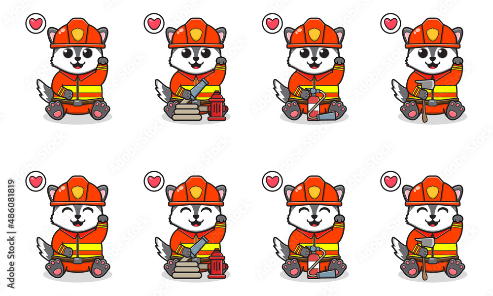Obraz premium Vector Illustration of Cute sitting Wolf cartoon hand up pose with Firefighter costume. Set of cute little Wolf characters. Collection of funny little wolf isolated on a white background.