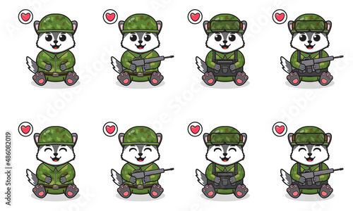 Vector Illustration of Cute sitting Wolf cartoon with Soldier costume. Set of cute little Wolf characters. Collection of funny little wolf isolated on a white background.