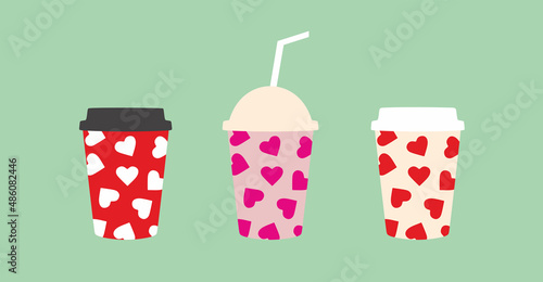 Paper cups with lids and straws. Valentine's Day vector illustration, print heart. Disposable cup for coffee and drink.Smoothies and milkshakes cups.Cocktail.Cafe. Coffee house. Colorful Isolated flat