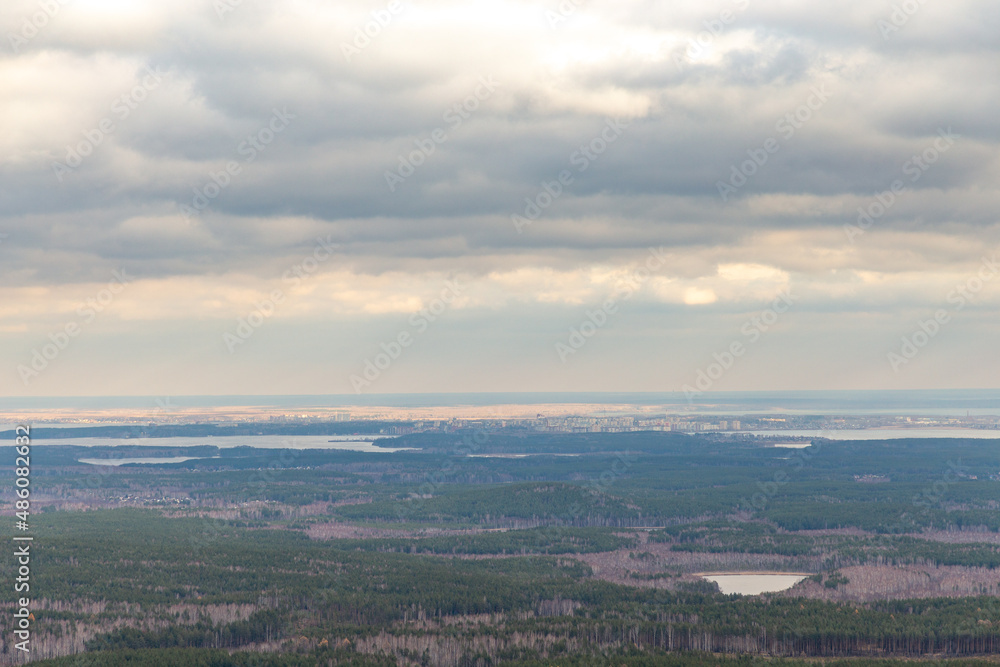 Fototapeta premium Beautiful view from Egoza mountain, Chelyabinsk region, South Ural, Russia.