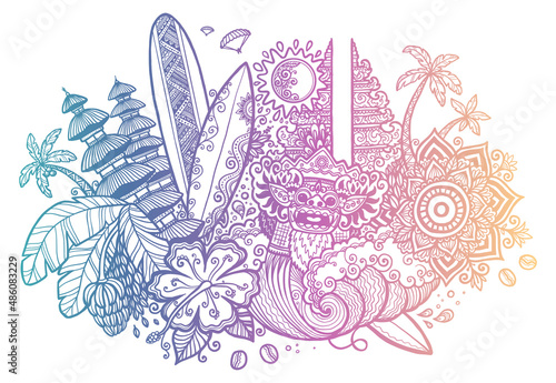 Bali island landmarks doodle lineart style vector illustration. Barong, temples, surfboards and flowers with vintage gradient color