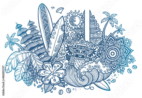 Bali island landmarks doodle line-art style vector illustration. Barong, temples, surfboards and flowers isolated on white background © art_of_sun