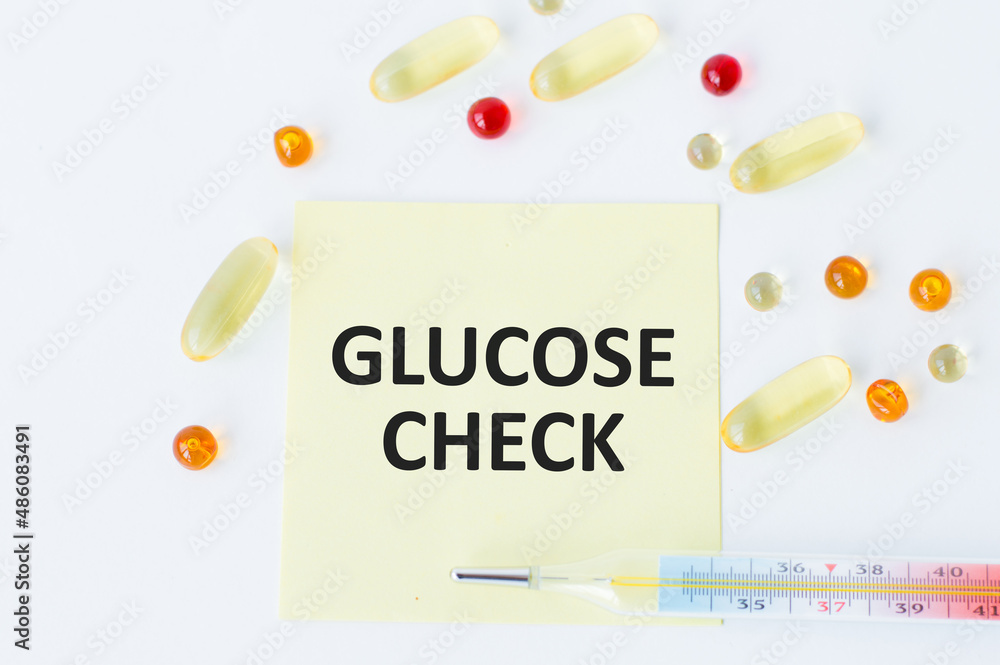 Card with glucose check text message isolated on white background Card with glucose check text message isolated on white background