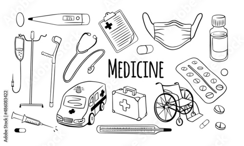 Medical doodles set. Hand drawn icons isolated on white background. Vector illustration.