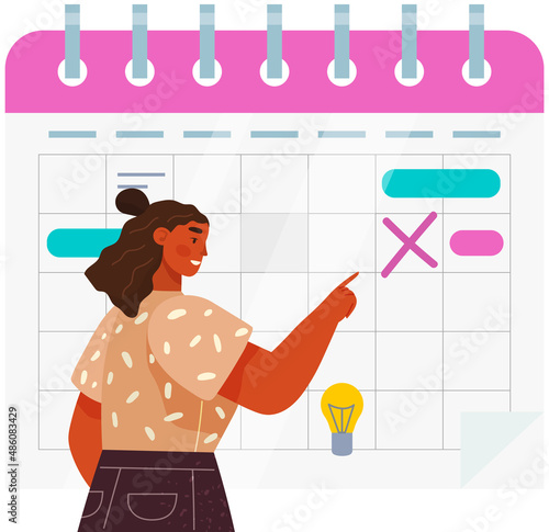 Businesswoman draws business strategy. Planning development of ideas. Board with marks and schedule. Successful people. Woman planning calendar, making event timetable with personal time management © robu_s