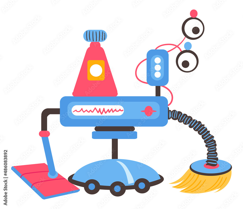 Fototapeta premium Cartoon robot cleaner. Funny automatic machine toy