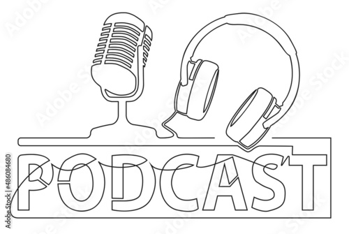 continuous line PODCAST logo or symbol isolated on white, single line podcasting drawing vector illustration