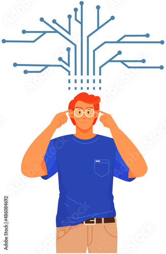 Man with logical, analytical, strategic, structural thinking mental mindset type. Mind behavior, mental perceiving, psychological concept with businessman and scheme, male with technical mindset