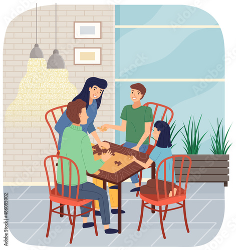 Cheerful family plays table game in apartment. Joyful parent and children sit together at home communicate and rest. Home activities and entertainment. People with board game spend time in living room