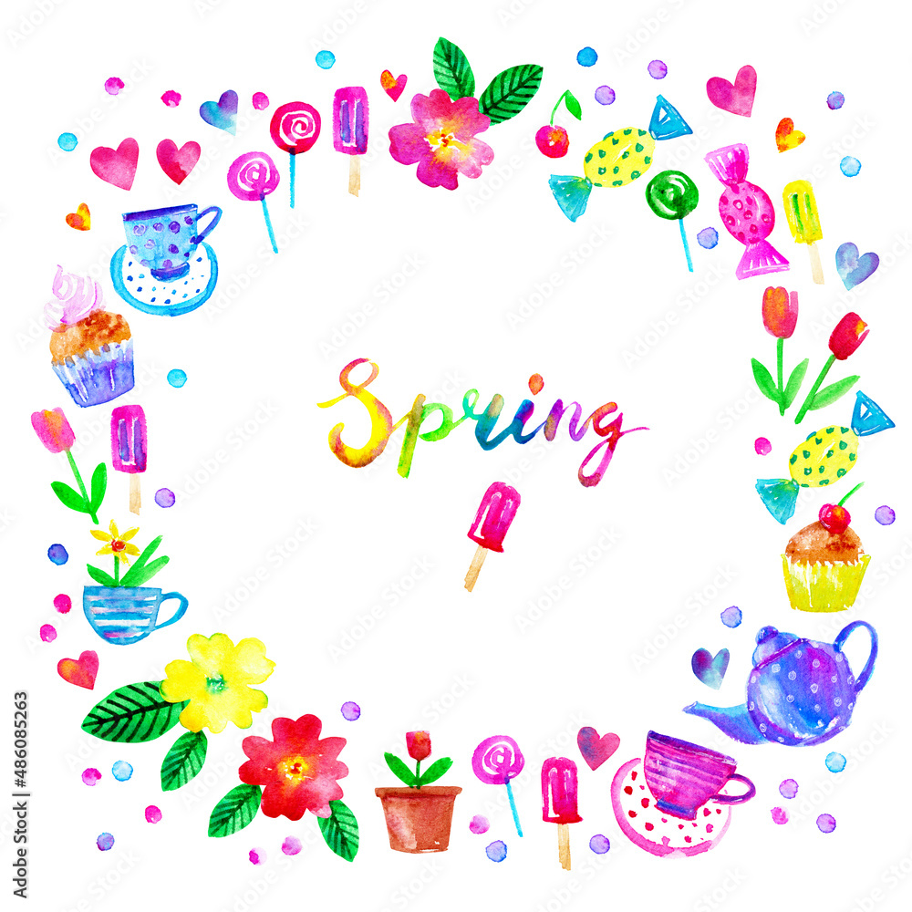 Spring season background with flowers, hearts, teapot, cup, cake, candy, popsicles
