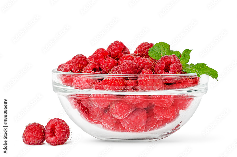 Red raspberries and mint leaves isolated with clipping path. Red raspberries and mint leaves isolated with clipping path.