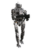 Fantasy futuristic cyberpunk droid robot walking and firing a submachine gun. 3D rendering isolated on white background.