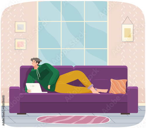 Man lying on couch with computer, holding laptop and correspondence surfing in Internet. Male character communicating with friends, studying remotely, sitting on sofa, relaxing, resting after work
