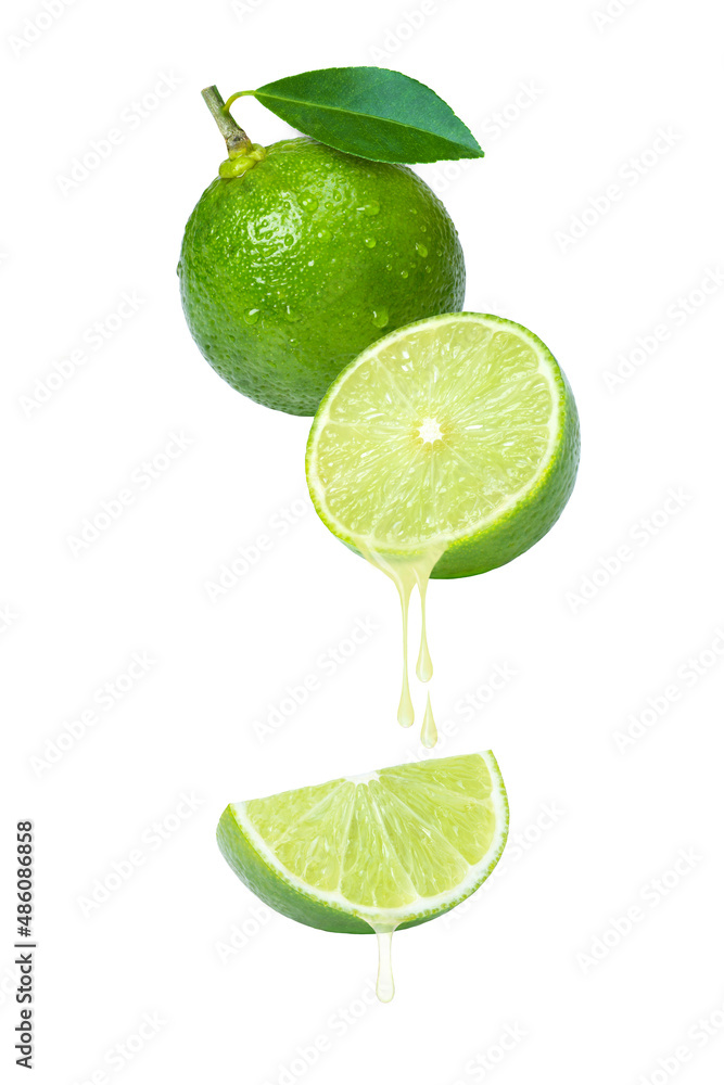 Fresh Lime juice or essential oil dripping isolated on white background.