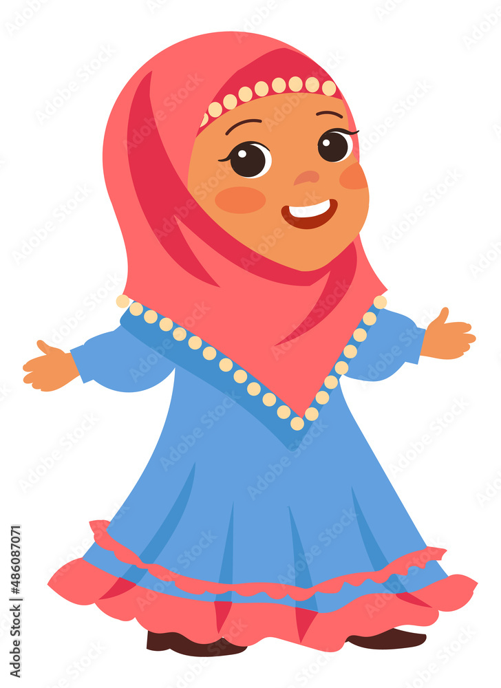 Funny little girl in islamic hijab Muslim kid character Funny little girl in islamic hijab Muslim kid character