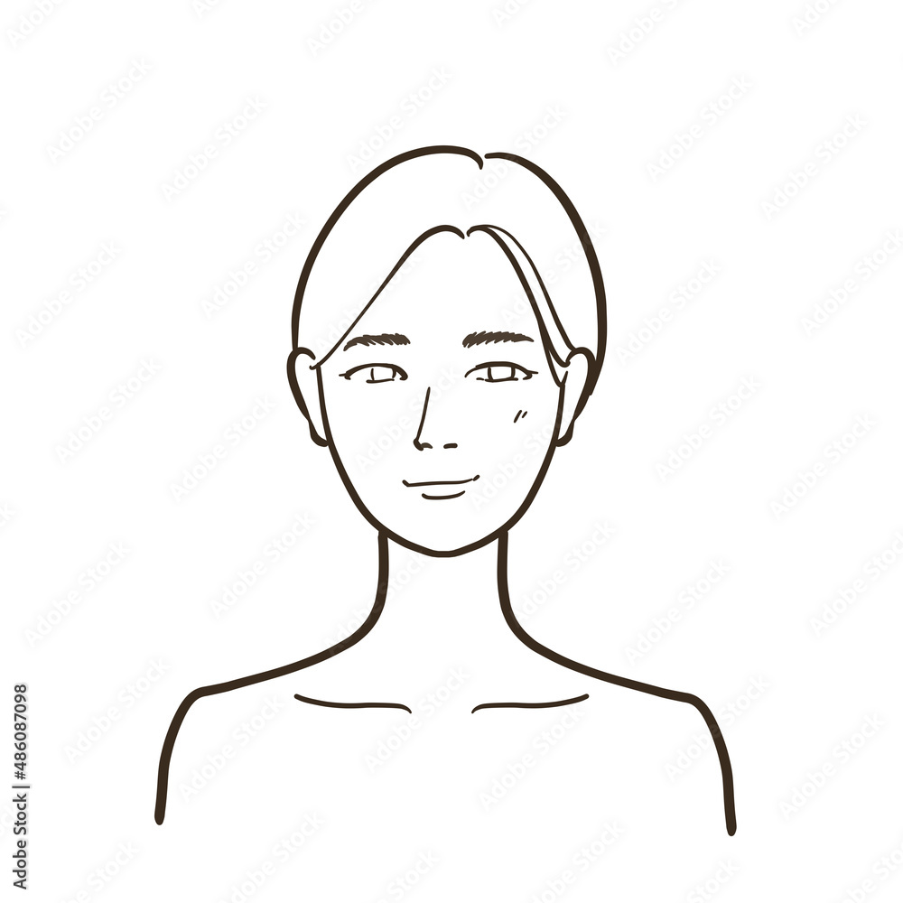 笑顔ではにかむ女性の線画イラスト 笑顔ではにかむ女性の線画イラスト