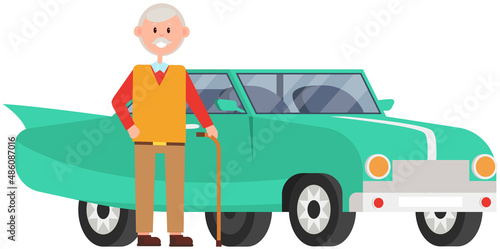 Senior bald man with glasses and vest next to his personal transport. Elderly male character with gray hair. Pensioner, retired person stands near retro car. Granddad, grandfather vector illustration
