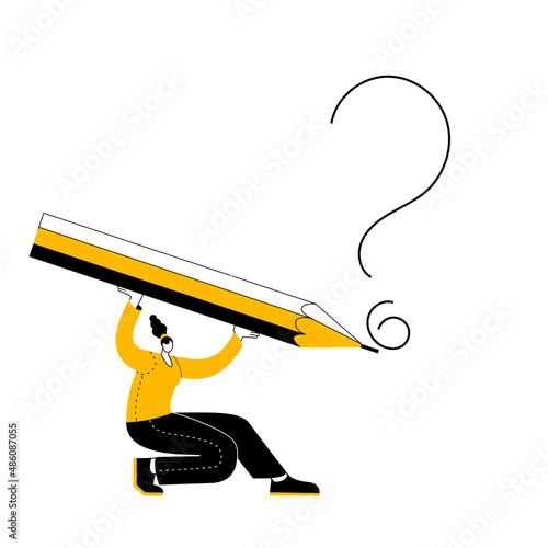 A girl with a large pencil in her hands draws a question mark. Vector illustration on the theme of drawing and notes.