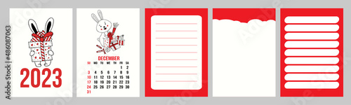 Big set calendar planner with cover for December 2023 with cute rabbit and pages, notes, control and to do list. Vector illustration. Week from Sunday. in english. year of rabbit to Chinese calendar