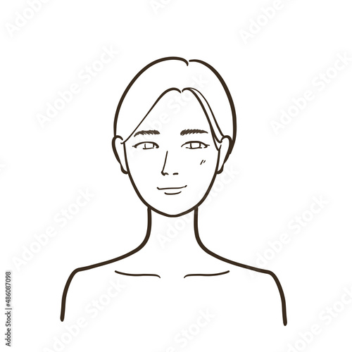 笑顔ではにかむ女性の線画イラスト