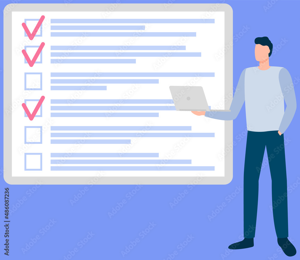 Month scheduling, to do list, time management. Businessman stands near checklist and planning. Plan fulfilled, task completed, timetable on paper sheet. Check list plan, schedule creation concept Month scheduling, to do list, time management. Businessman stands near checklist and planning. Plan fulfilled, task completed, timetable on paper sheet. Check list plan, schedule creation concept