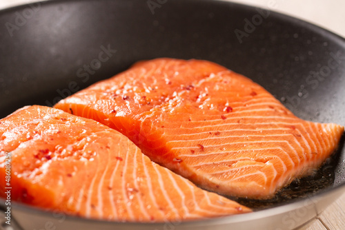 Salmon Fillet in a Pan. High quality photo.