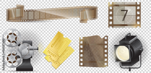 Set icons cinematography cinema and movie vector illustration isolated on white background. Movie spotlight, camera and movie premiere tickets, film strip. Film production equipment for shooting